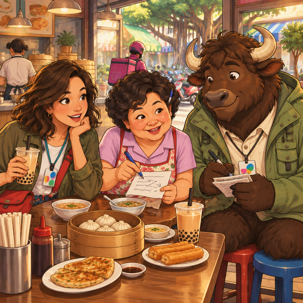 Maya meets Auntie Lin and Ali at the back table while a delivery worker arrives at the breakfast shop.