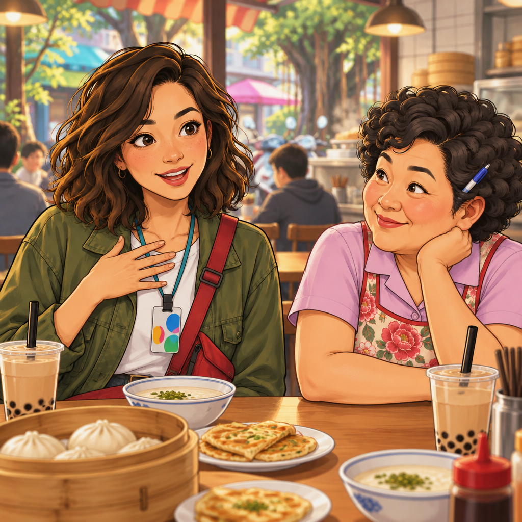 Maya introduces herself to Auntie Lin at the back table.
