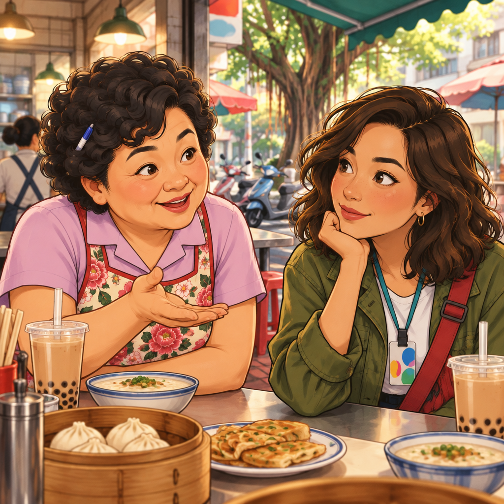 Auntie Lin asks Maya her name with a curious, welcoming gesture.