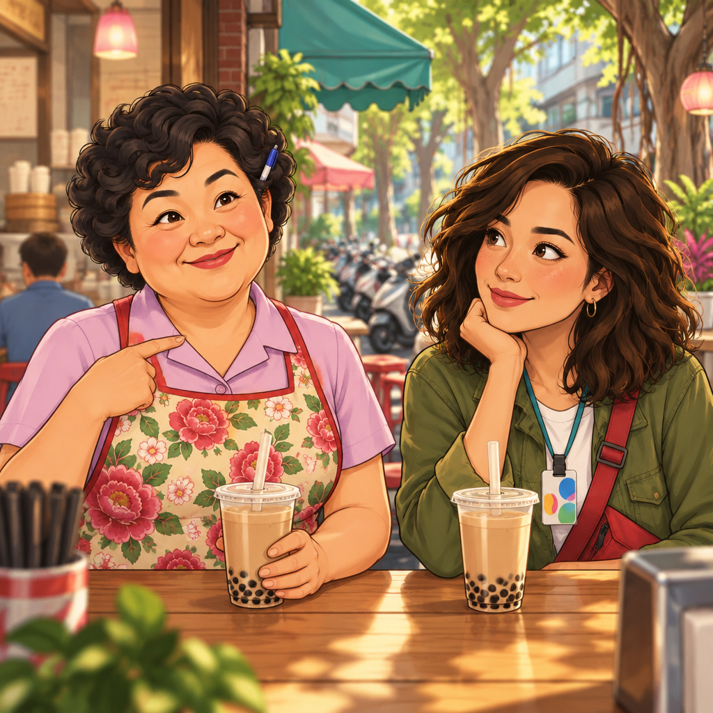 Auntie Lin gestures to herself as she invites Maya to call her Auntie Lin.