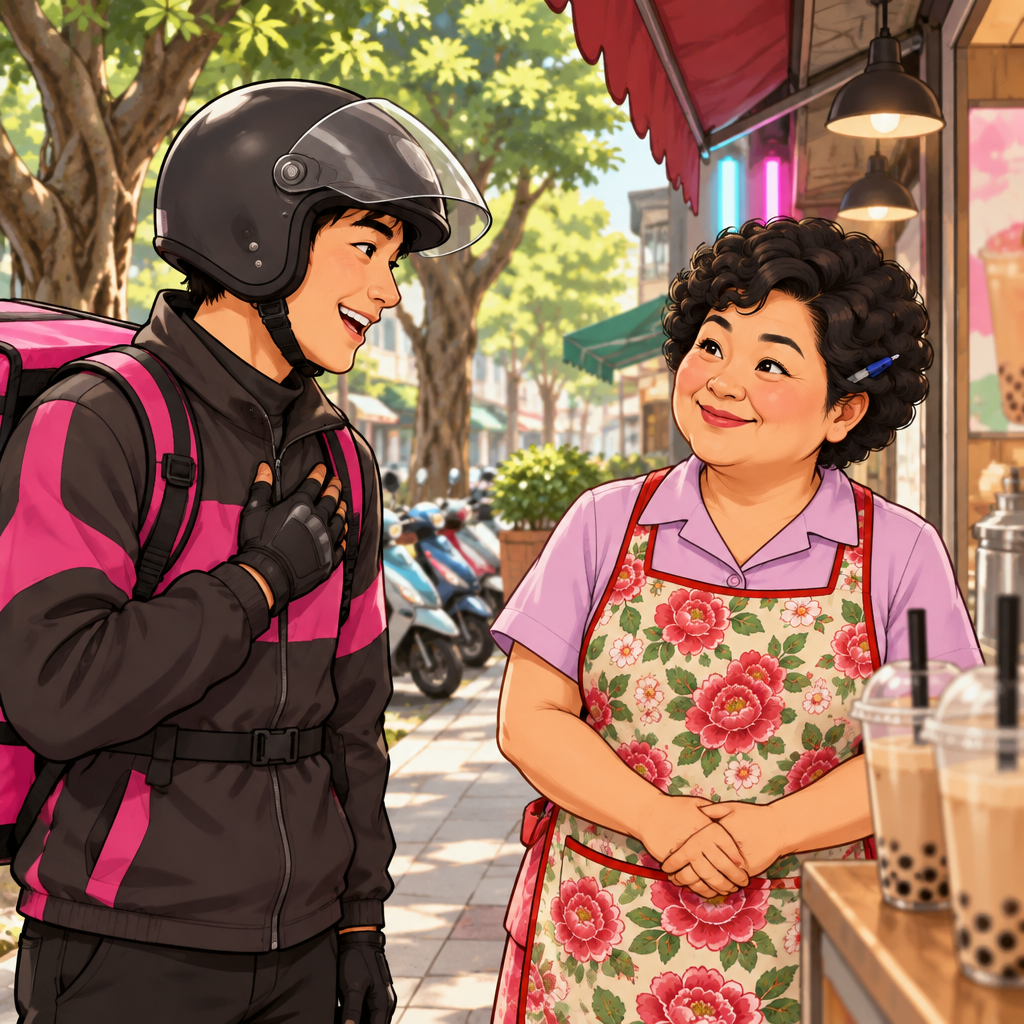 The delivery worker gives their surname while Auntie Lin listens.