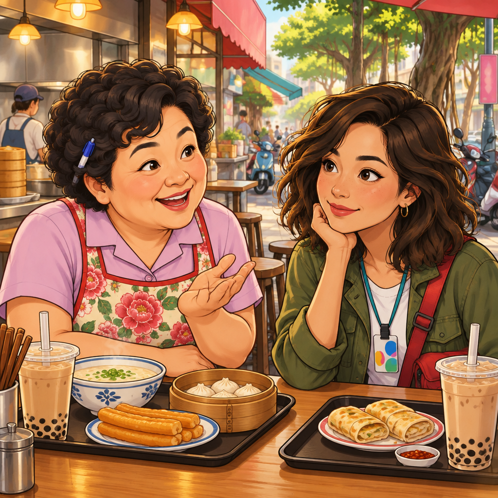 Auntie Lin leans toward Maya with a curious expression and an inviting question gesture.
