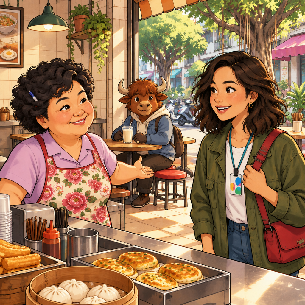 Morning light reaches the counter at Banyan Breakfast in Da'an. Auntie Lin welcomes Maya, while A-Li sits at the back with his soy milk beside him. He knows the shop well, but Maya has only just arrived. The greetings ar