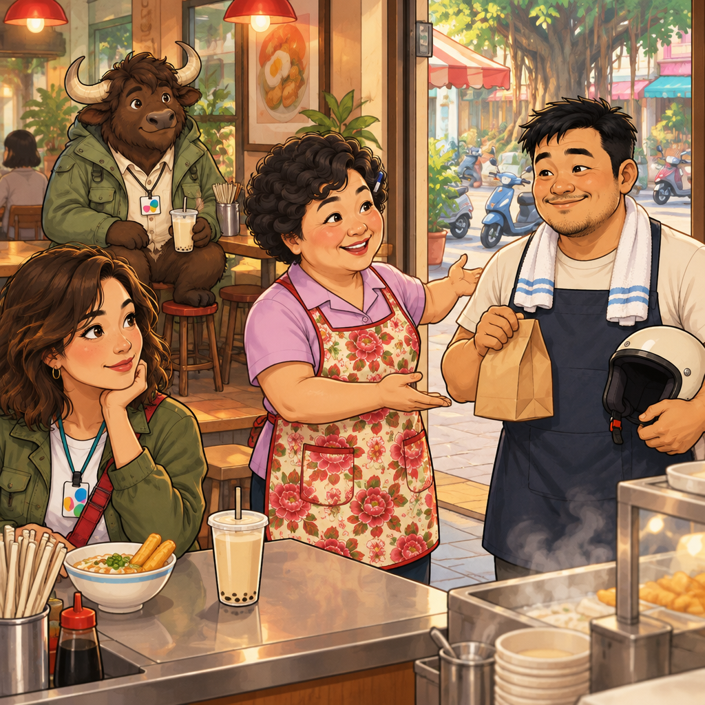 A-Jie enters Banyan Breakfast with a bag of cutlets as Auntie Lin introduces him to Maya, while Ali sits in the back with unfinished soy milk.