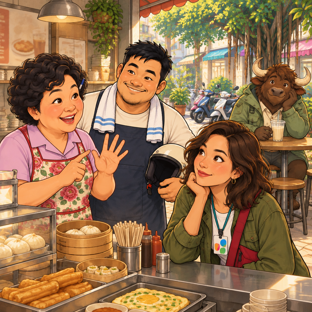 Auntie Lin gestures toward her family as she describes how many people are in it.