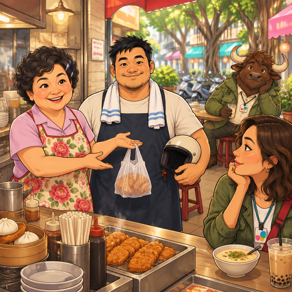Auntie Lin presents A-Jie as her son while Maya listens at the counter.