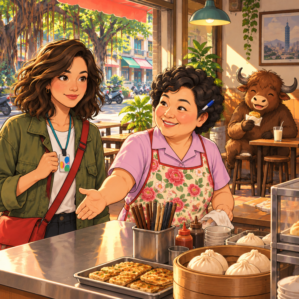 Morning light reaches the counter at Banyan Breakfast in Da'an. Auntie Lin welcomes Maya, while A-Li sits at the back with his soy milk beside him. He knows the shop well, but Maya has only just arrived. The greetings ar
