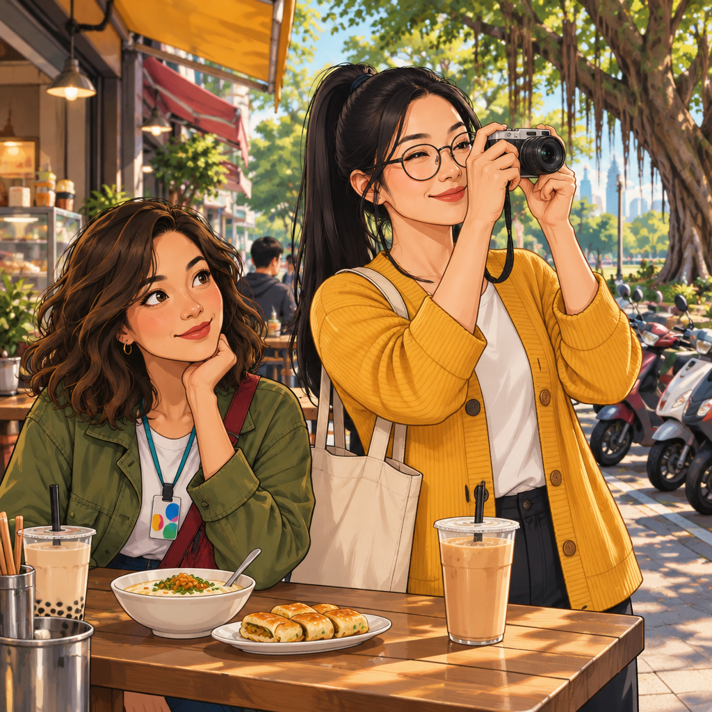 Yi-Jun raises his camera and shares his interest in photography as Maya watches.