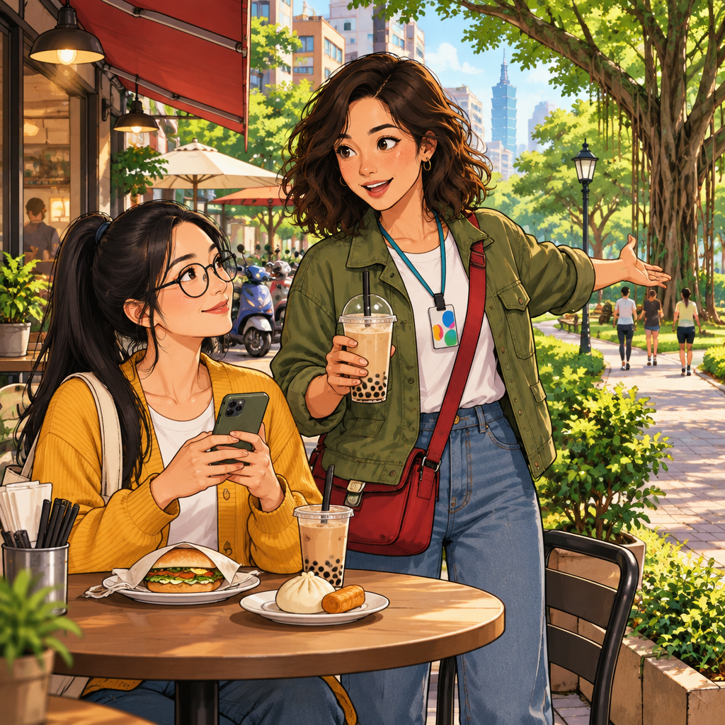 Maya rises beside the table and invites Yi-Jun to join her for an outing toward the park.