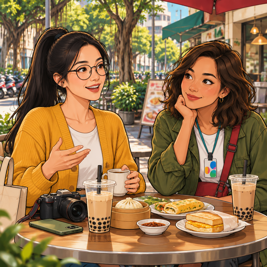 Yi-Jun speaks with a relaxed smile while Maya listens beside the table.