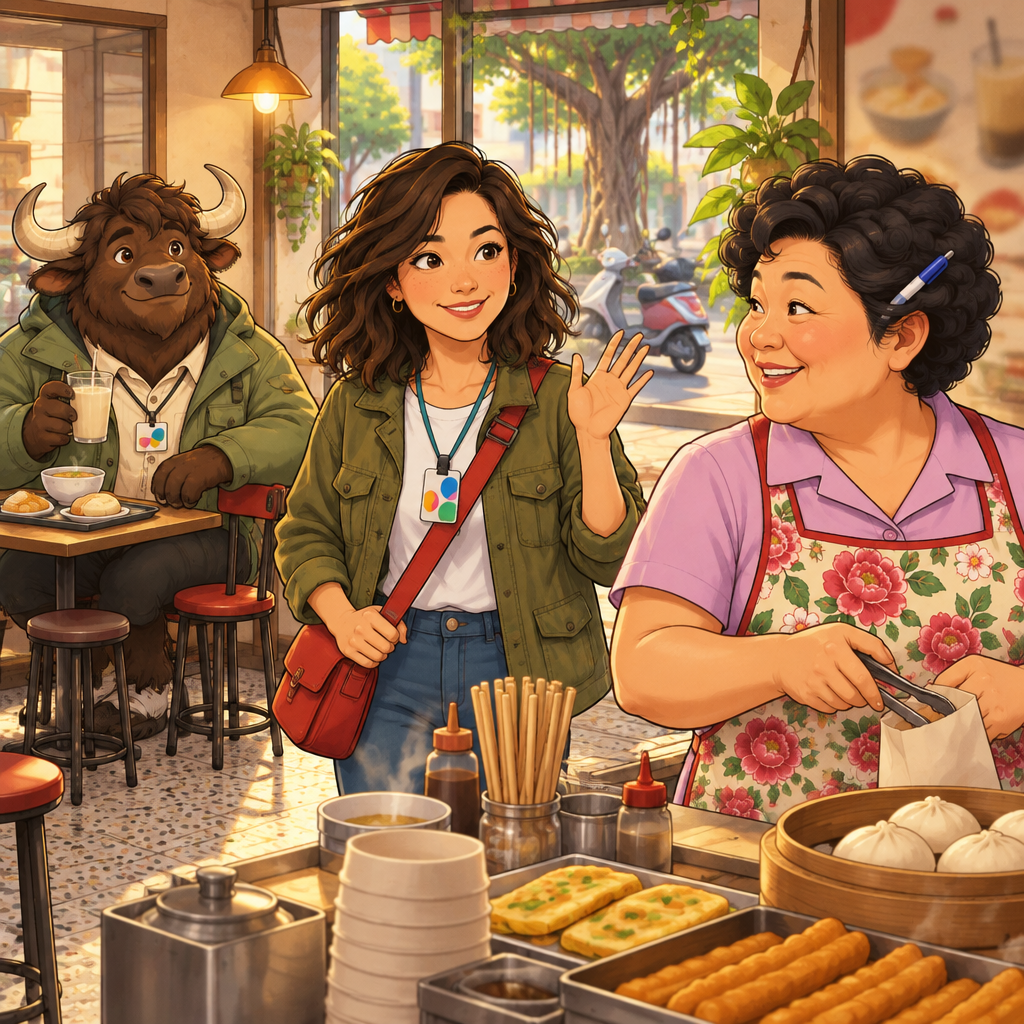 Maya has just come into the breakfast shop, Auntie Lin is behind the counter, and A-Li sits at the back with unfinished soy milk.