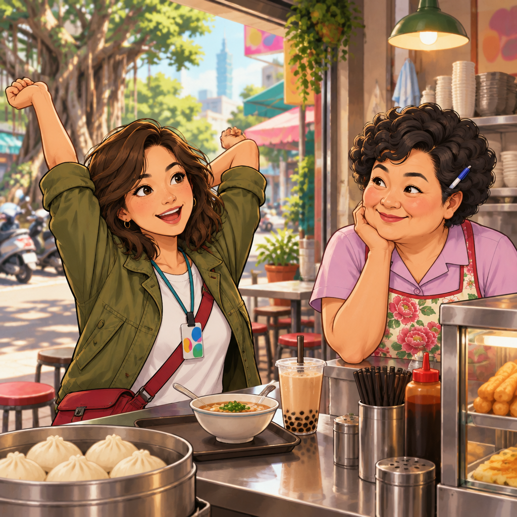 Maya describes getting up early with a waking-and-stretching gesture while Auntie Lin listens behind the counter.