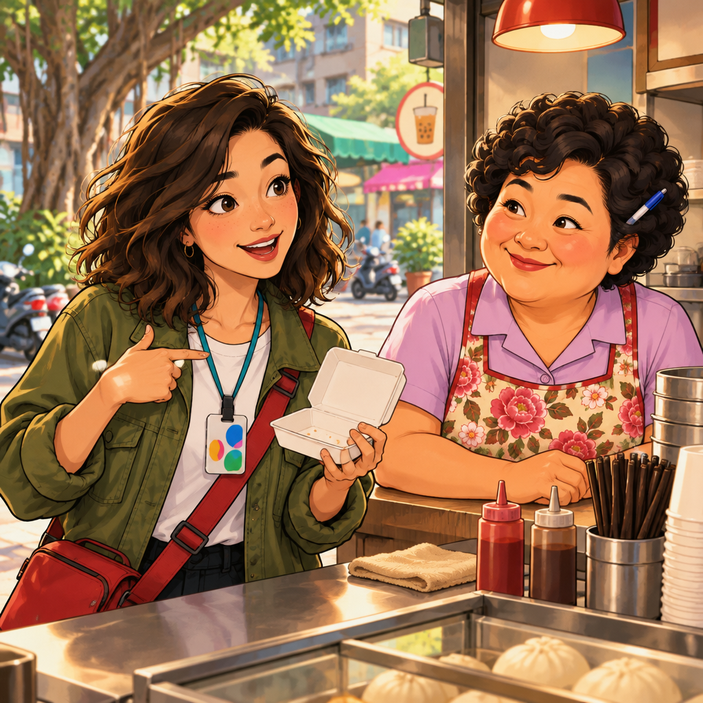 Maya explains that she eats breakfast at home, gesturing toward herself and an empty breakfast container.