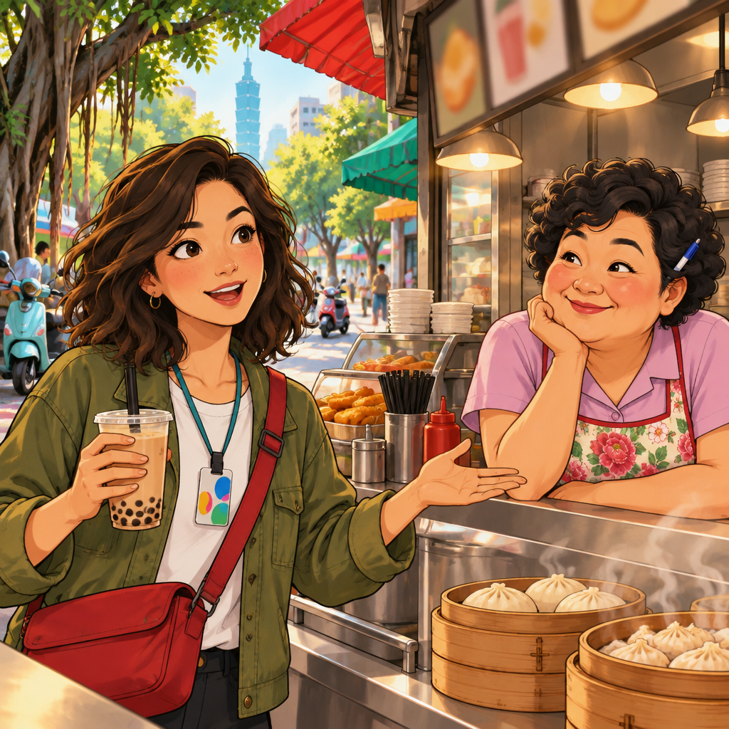 Maya gestures toward the familiar shop as she explains that she comes there every day, and Auntie Lin recognizes her routine.