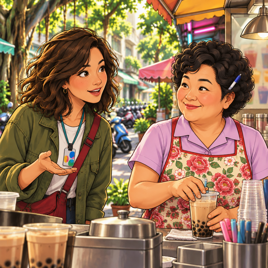 Maya asks Auntie Lin when she starts work, looking directly at her with a curious expression.