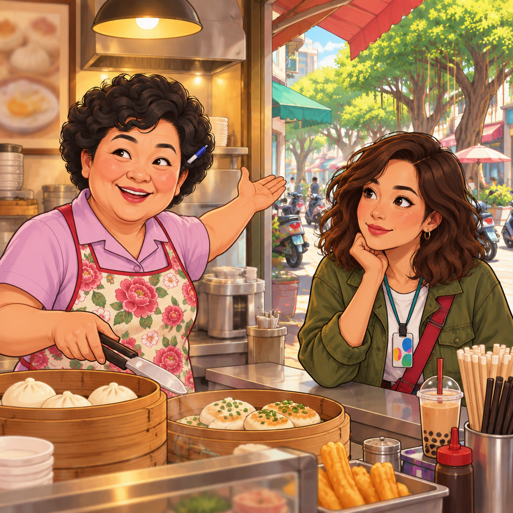 Auntie Lin answers Maya from behind the counter, gesturing toward the shop entrance as she describes leaving home.
