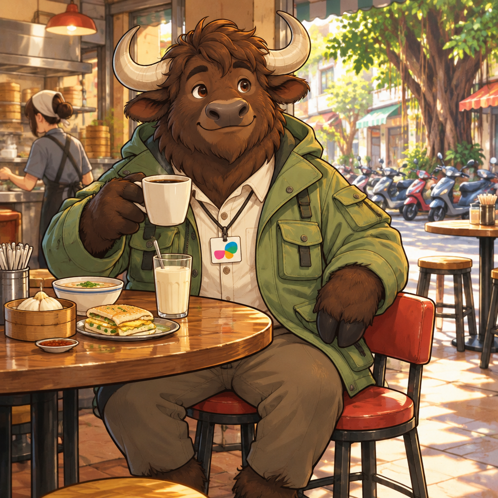 A-Li begins his morning at the breakfast shop with coffee beside his unfinished soy milk.