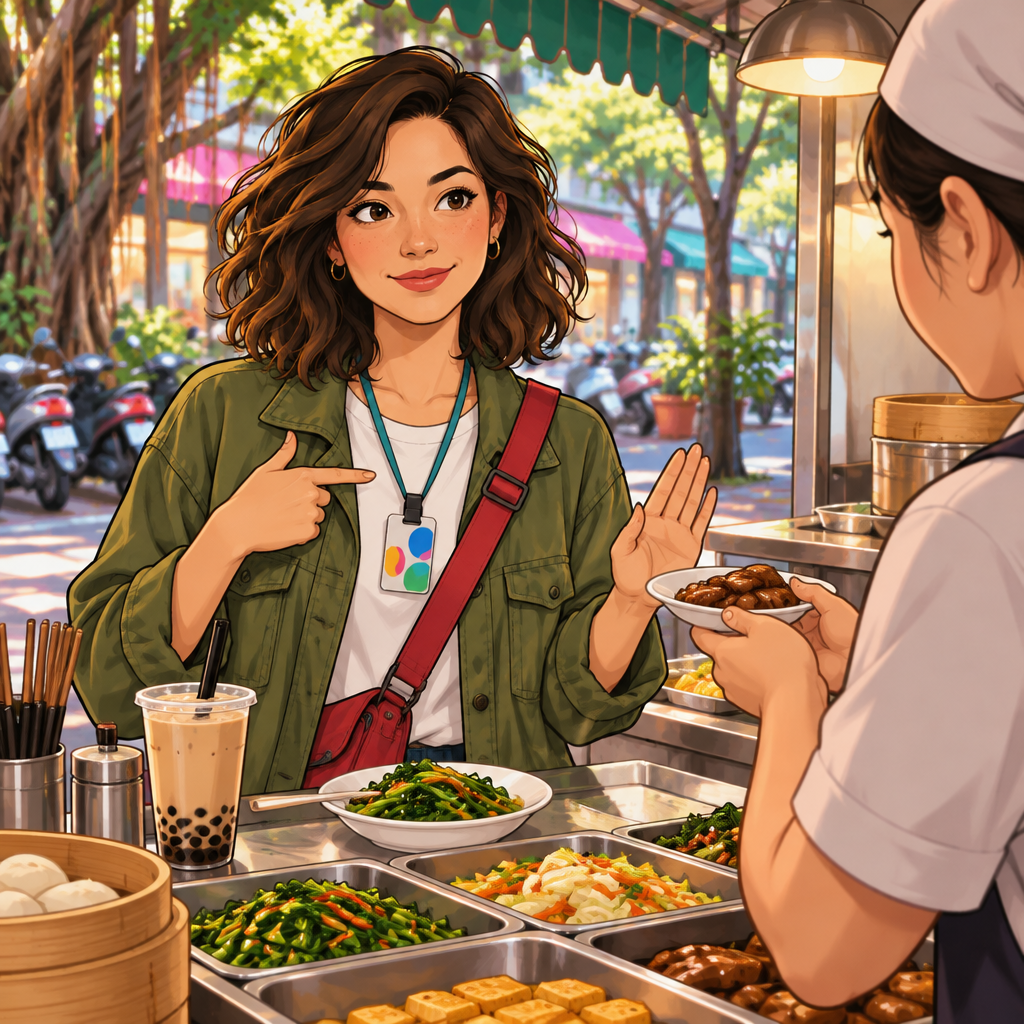 Maya indicates that she is vegetarian while politely declining a meat filling at the breakfast counter.