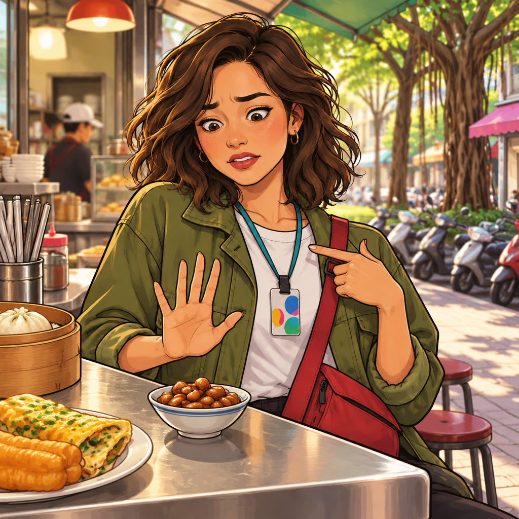 Maya spots peanuts beside the food and gestures that she is allergic to them.