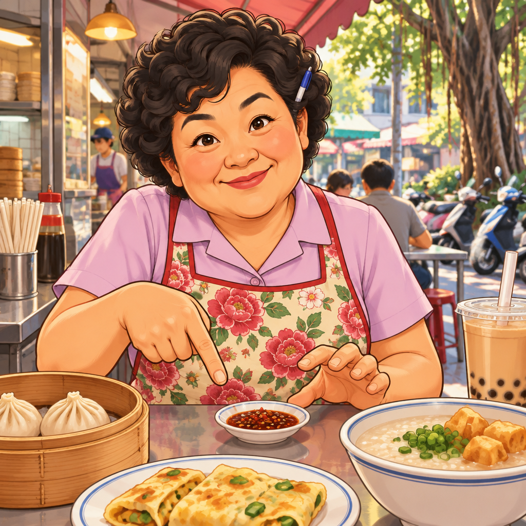 Auntie Lin gestures toward chili sauce and asks whether the dish is spicy.