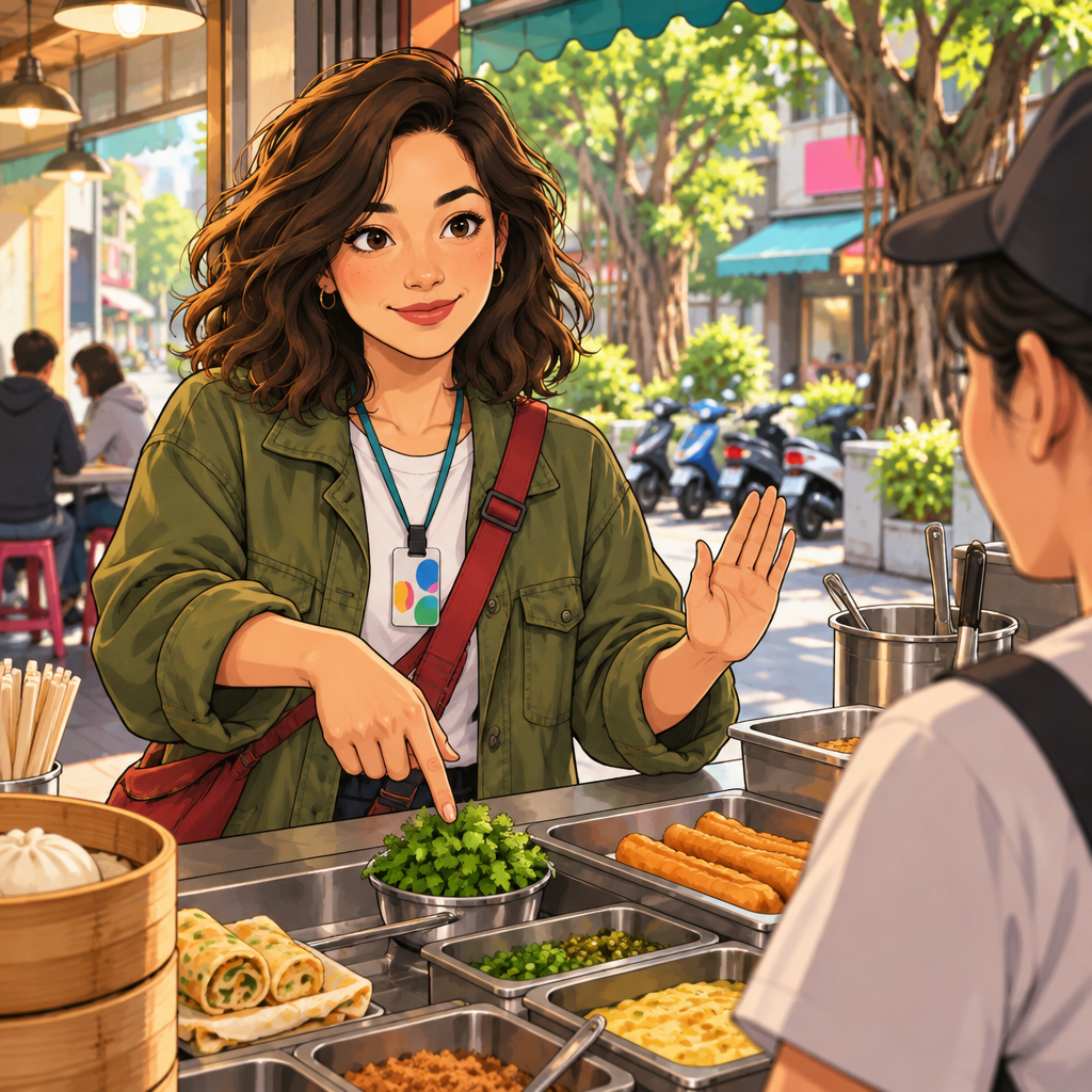 Maya asks for the coriander to be left off her food by gesturing toward the fresh leaves.