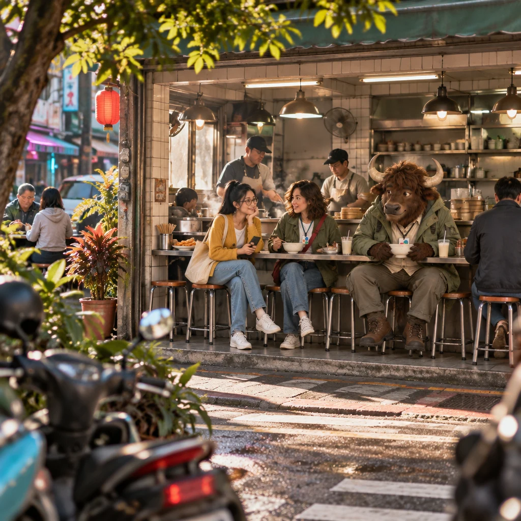 Saturday morning light fills Banyan Breakfast as Yi-Jun drops onto a stool, Maya leans in, and A-Li the yak keeps a pair of stools beside unfinished soy milk.