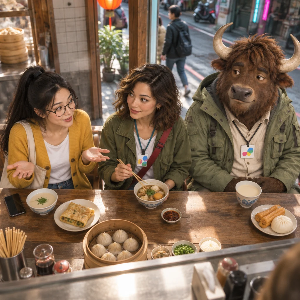 Yi-Jun opens both palms in a shrug at the counter while Maya pauses with chopsticks and A-Li the yak ignores the table.
