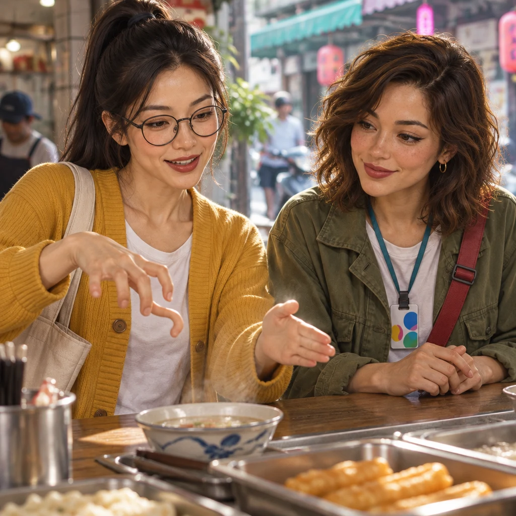 Yi-Jun traces a winding path in the air and then a straight one while Maya's hands ease on the counter.