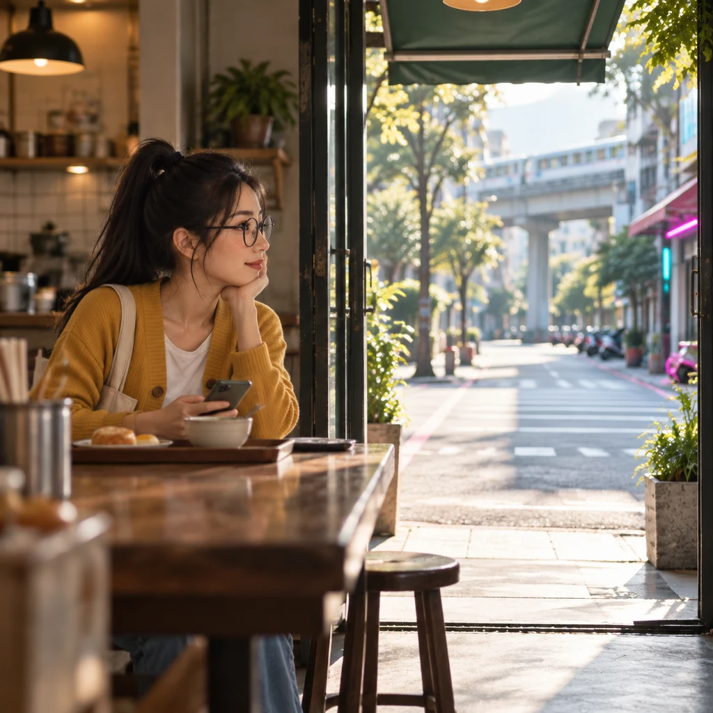 Morning light fills the empty doorway while Yi-Jun sits still in the background staring toward the street.