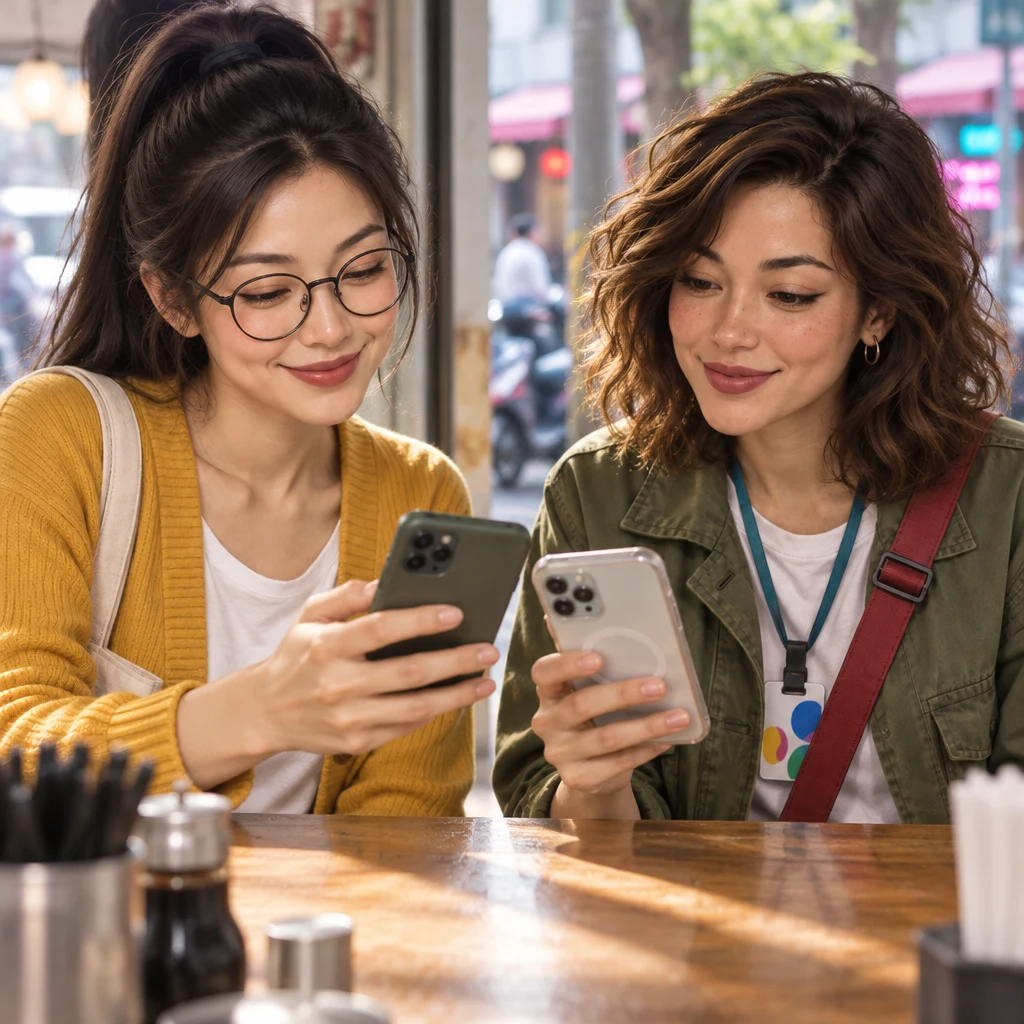 Yi-Jun lifts a phone with a short nod while Maya taps another phone in agreement.