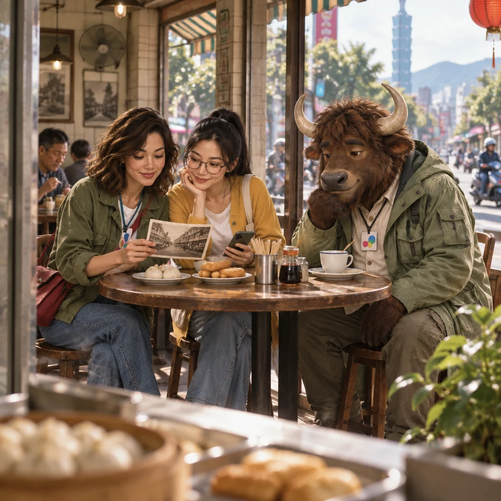 Maya and Yi-Jun bend over an old street picture at Banyan Breakfast while A-Li the yak sits apart and remembers a past visit.