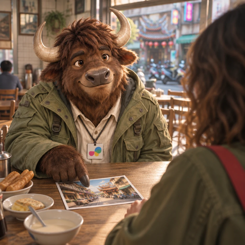 A-Li the yak points at the old street picture while Maya listens as he recalls his first visit to Tainan.