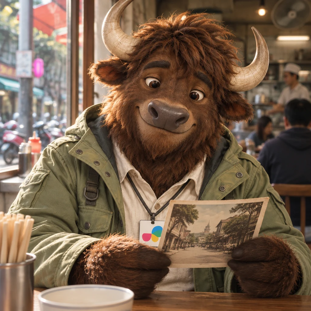 A-Li the yak beams at the old Tainan street picture, delighted by the memory of the place.