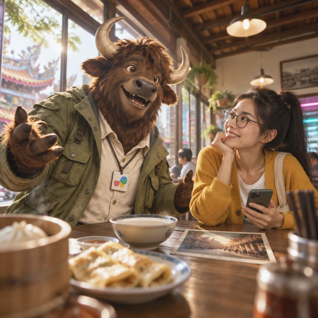 A-Li the yak half-rises and opens his arms in delighted surprise as he tells Yi-Jun how much fun the visit was.