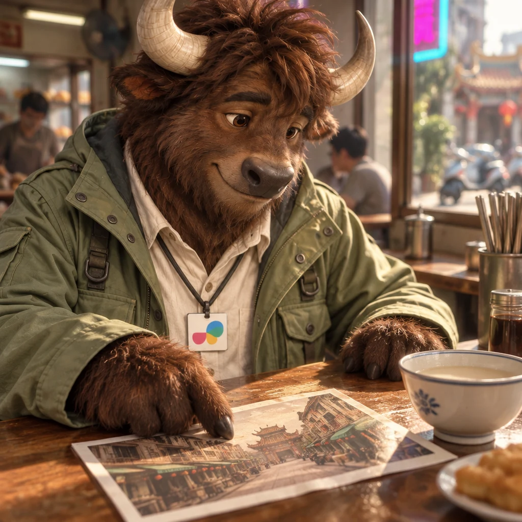 A-Li the yak traces the street in the old picture as he remembers returning to Tainan often.