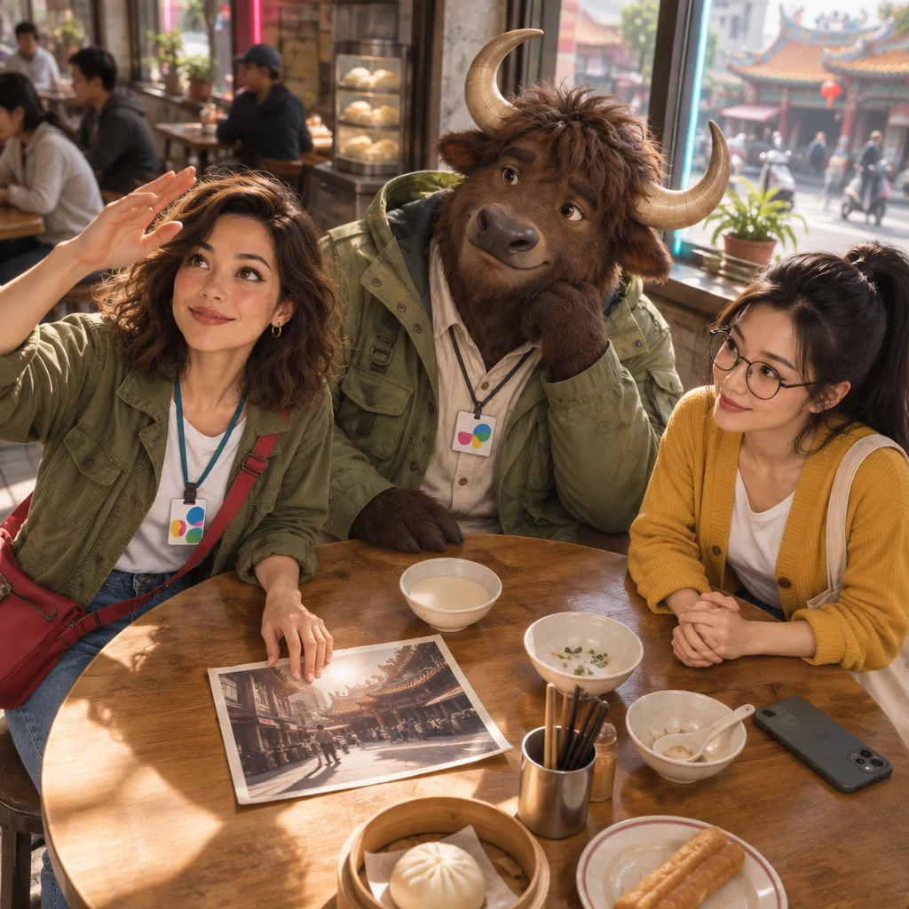 Maya leans over the old street picture and lifts a hand at the remembered heat while A-Li the yak and Yi-Jun listen.
