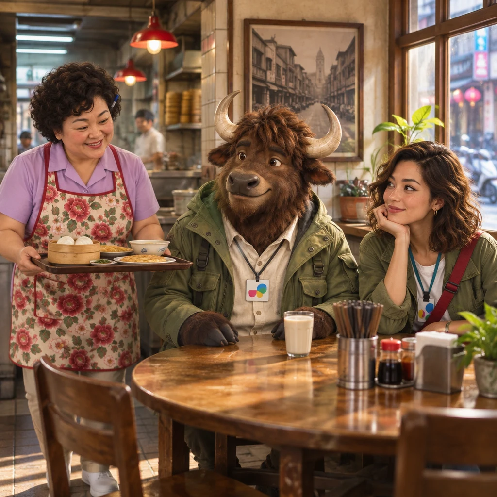 A-Li the yak turns from the old street picture toward Auntie Lin as she brings lunch, leaving his soy milk unfinished.