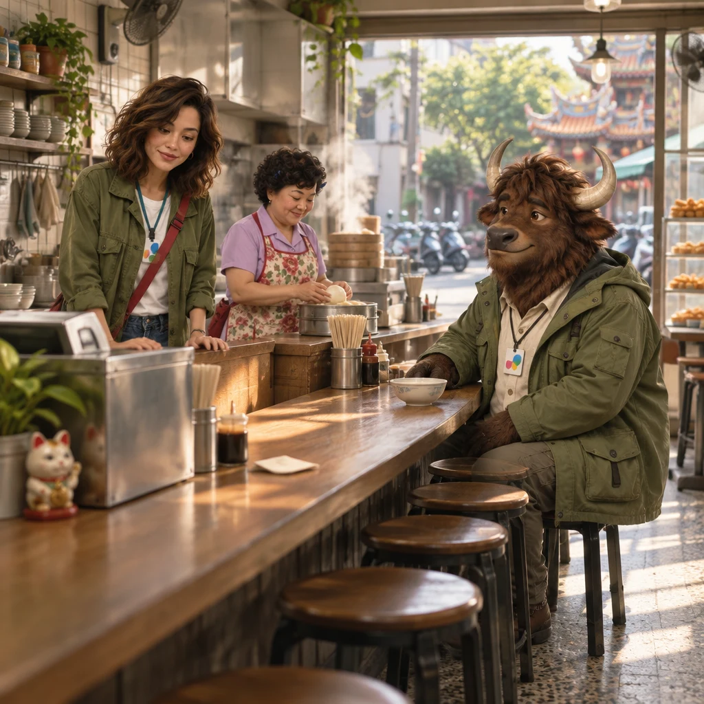After the rush, Maya stands on the staff side of the counter for the first time while Auntie Lin works nearby and A-Li waits with untouched soy milk.