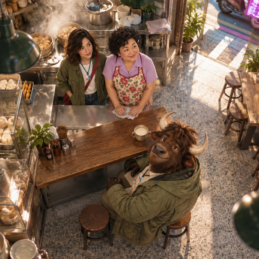 From above, Auntie Lin turns from Maya beside her to look over the now-quiet shop while A-Li stays on the stools.