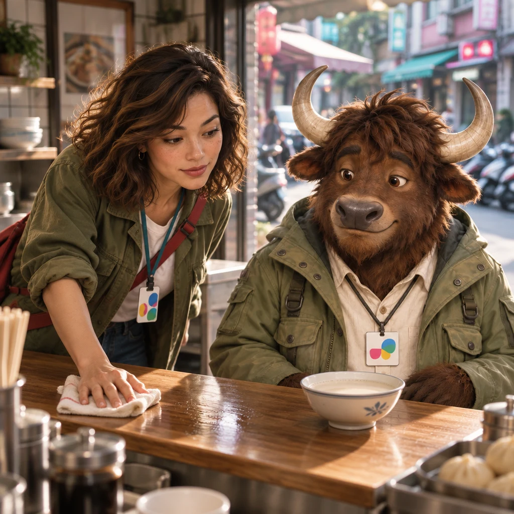 Maya pauses mid-wipe on the staff side and looks at A-Li's still-waiting soy milk.