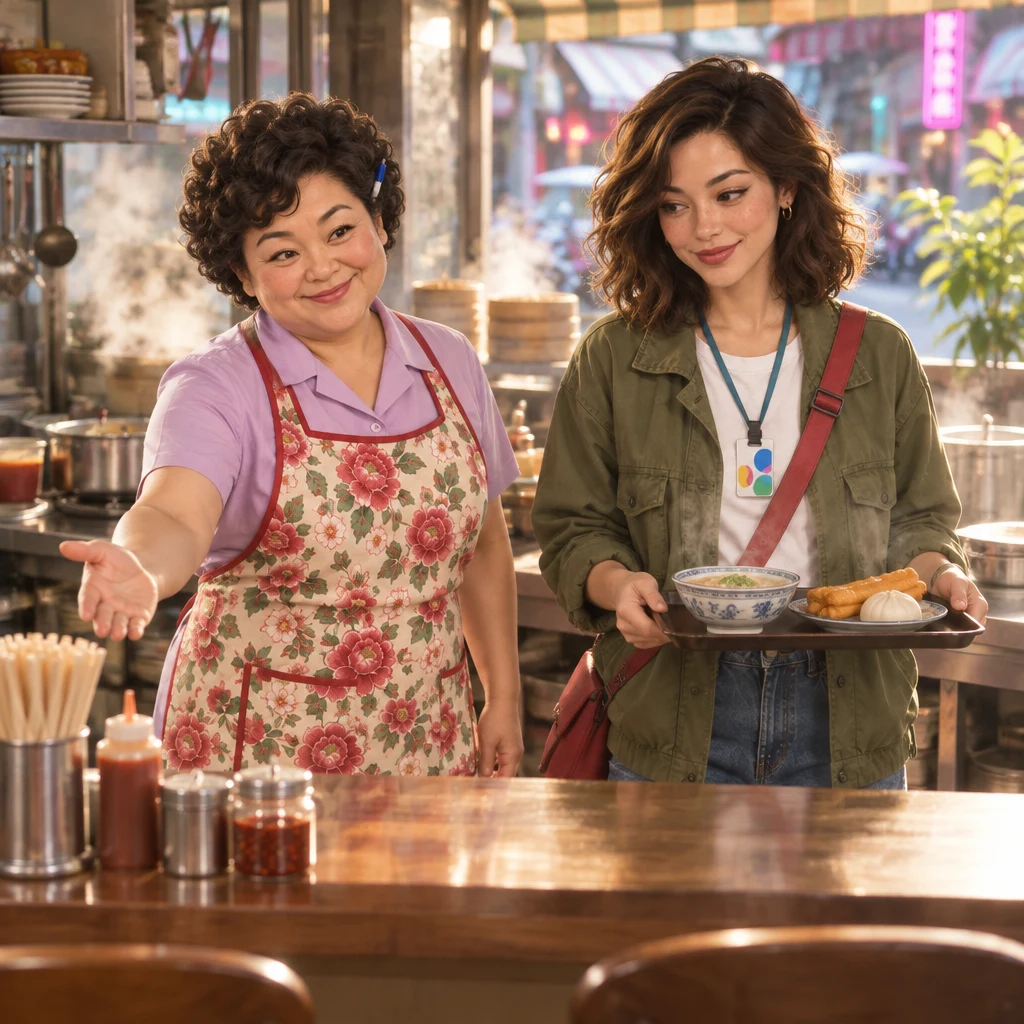 Auntie Lin gestures from the customer stools toward the gap beside her where Maya now stands holding a tray.