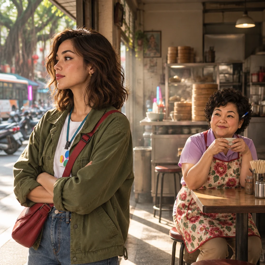 Maya stands in profile at the open shop front gazing into the street while Auntie Lin sits far behind with tea.