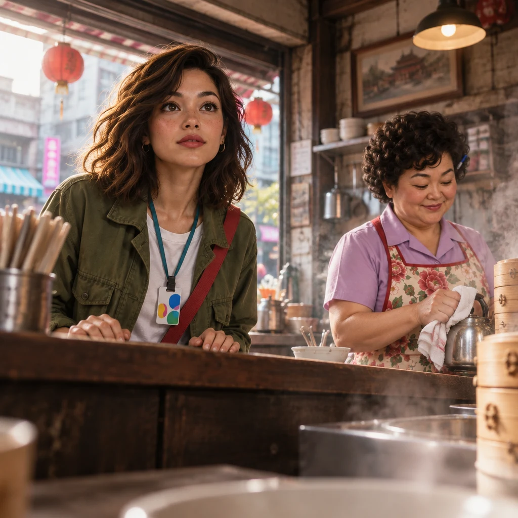 Maya grips the staff-side counter with tight shoulders while Auntie Lin wipes a kettle and does not look over.