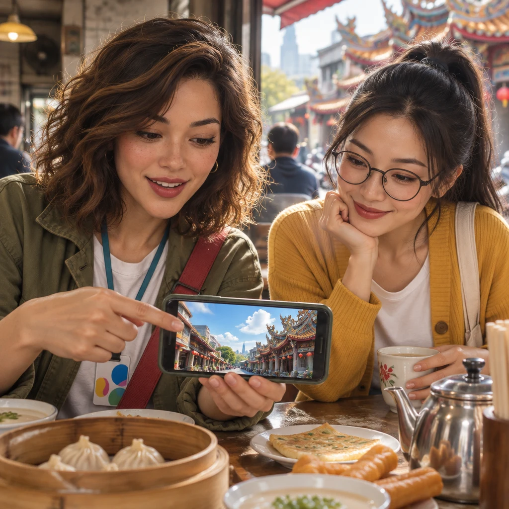 Maya points at a scenic Tainan view on a phone as she tells Yi-Jun she plans to go.