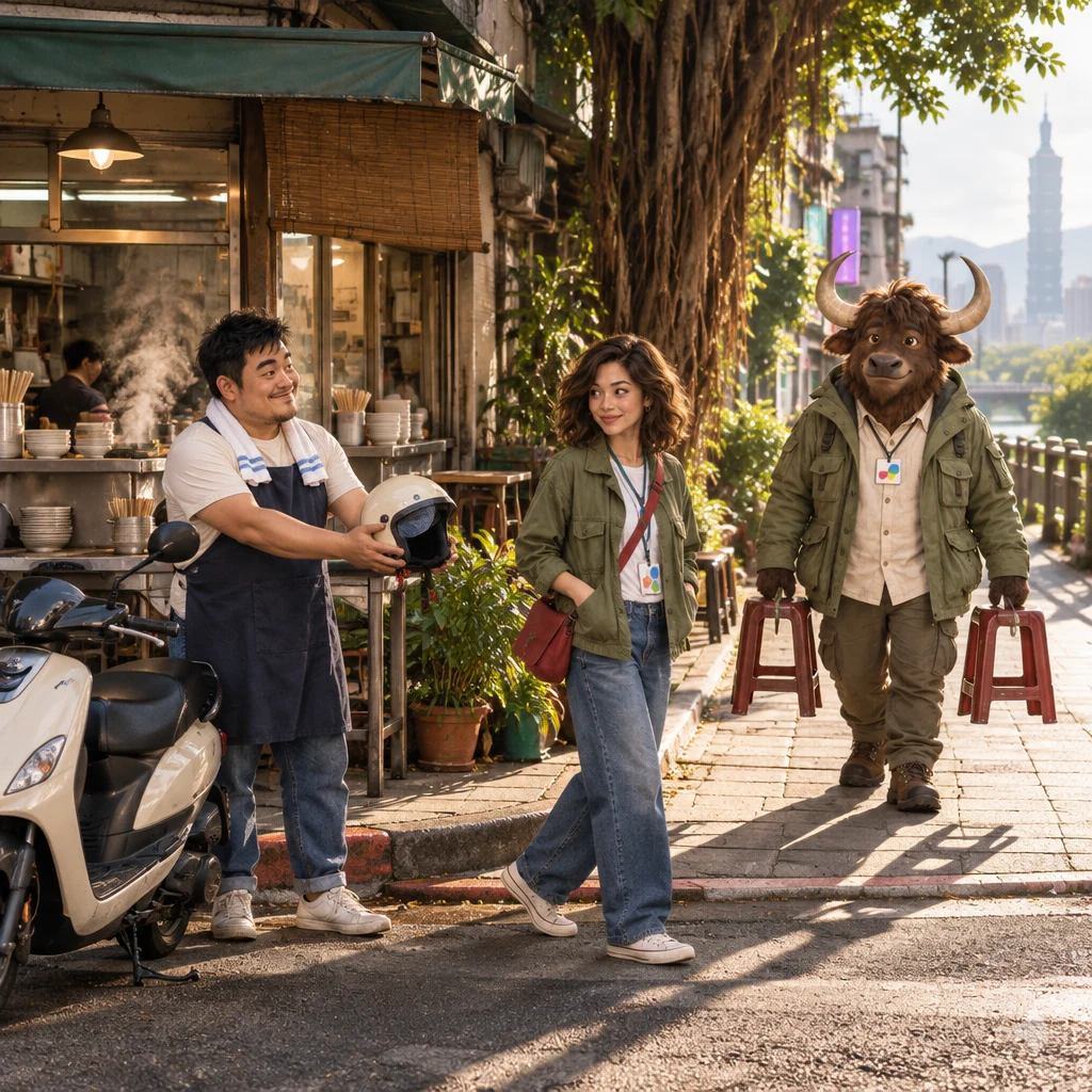 Outside Banyan Breakfast in the morning, A-Jie offers Maya a scooter lesson while she turns toward the walking lane, and A-Li the yak arrives carrying two stools.