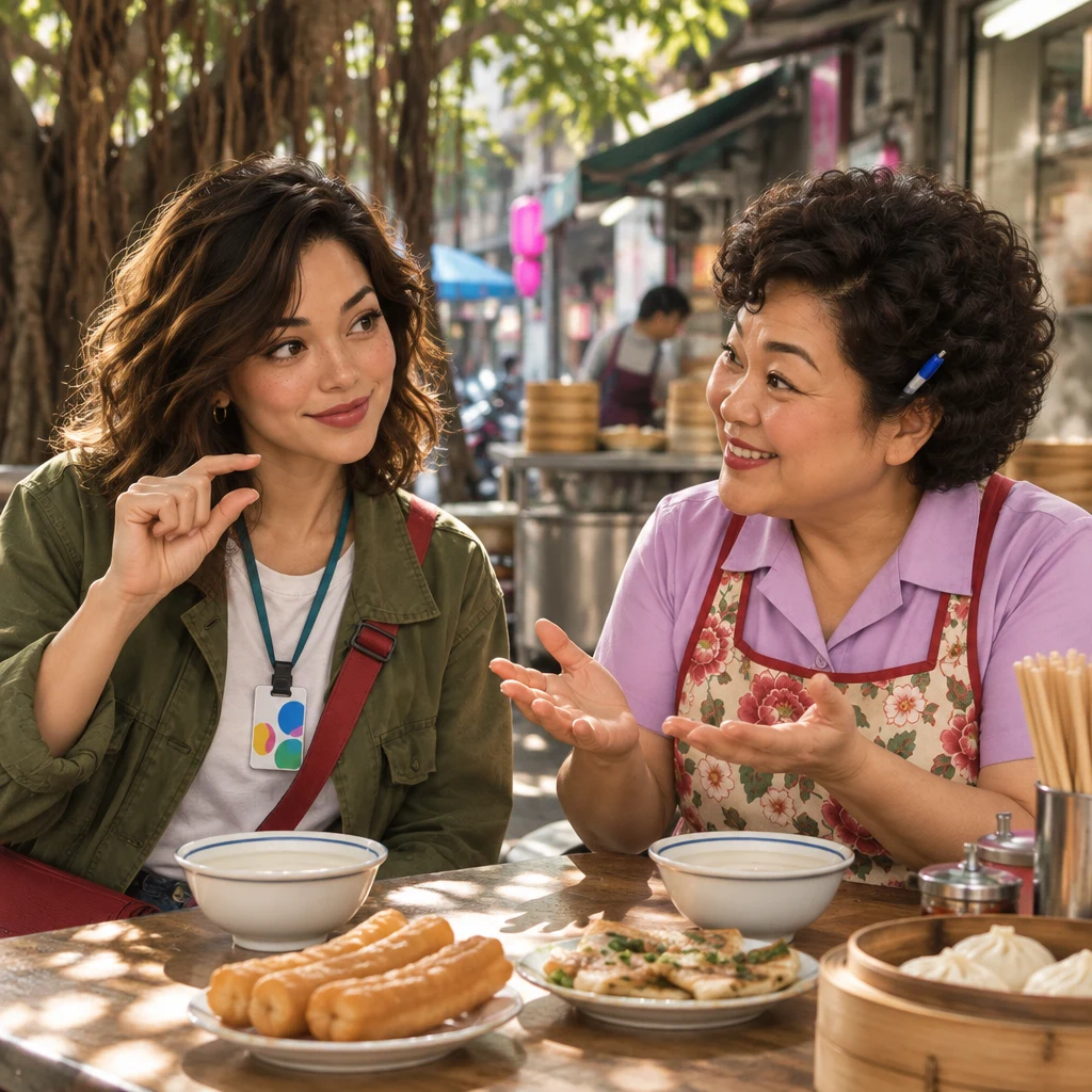 Maya makes a small modest gesture while talking with Auntie Lin at the breakfast shop, showing she can speak a bit of Chinese.