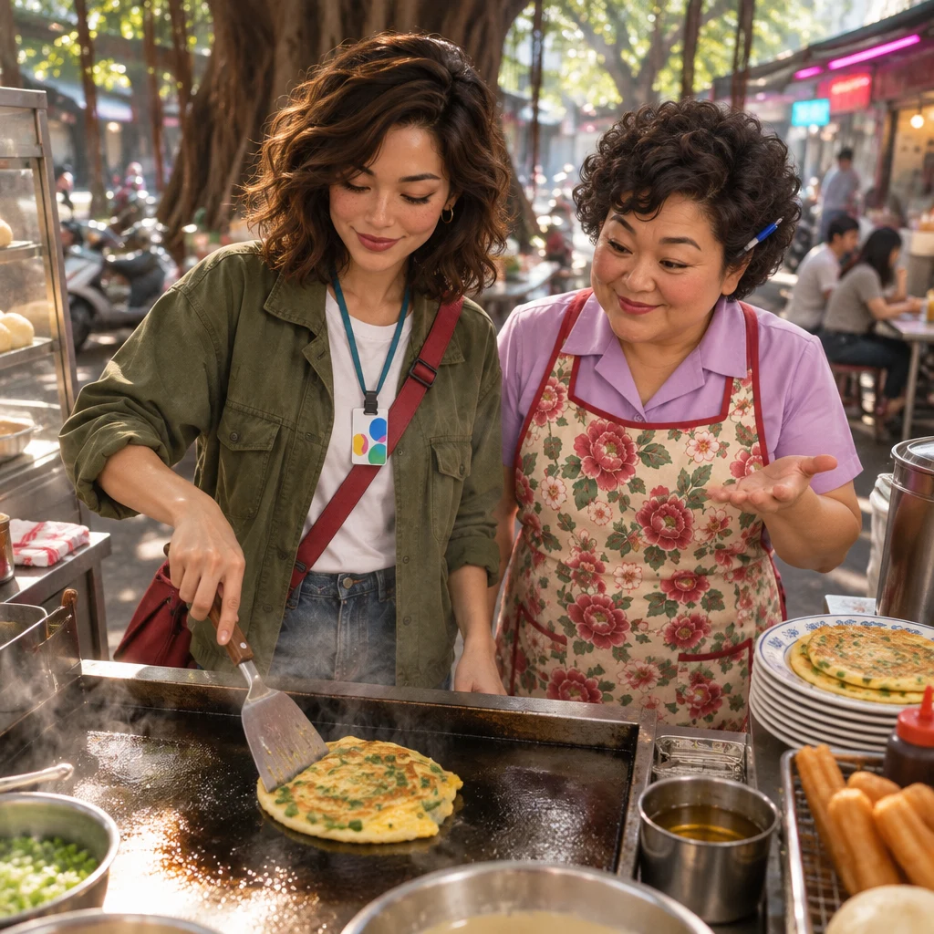 Maya cooks an egg pancake at the shop with easy, practiced motions while Auntie Lin watches.