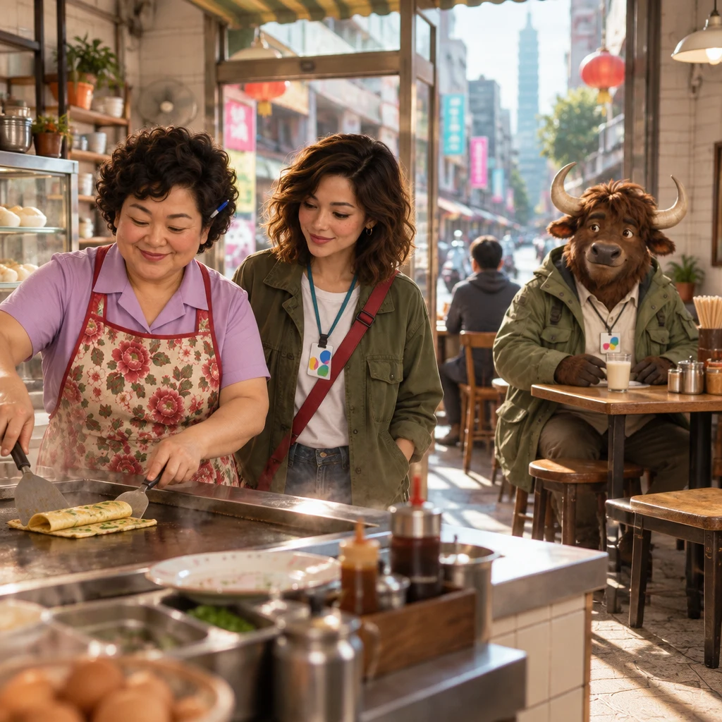 Auntie Lin makes room at the counter and demonstrates folding an egg pancake for Maya while A-Li watches from the back table with unfinished soy milk.