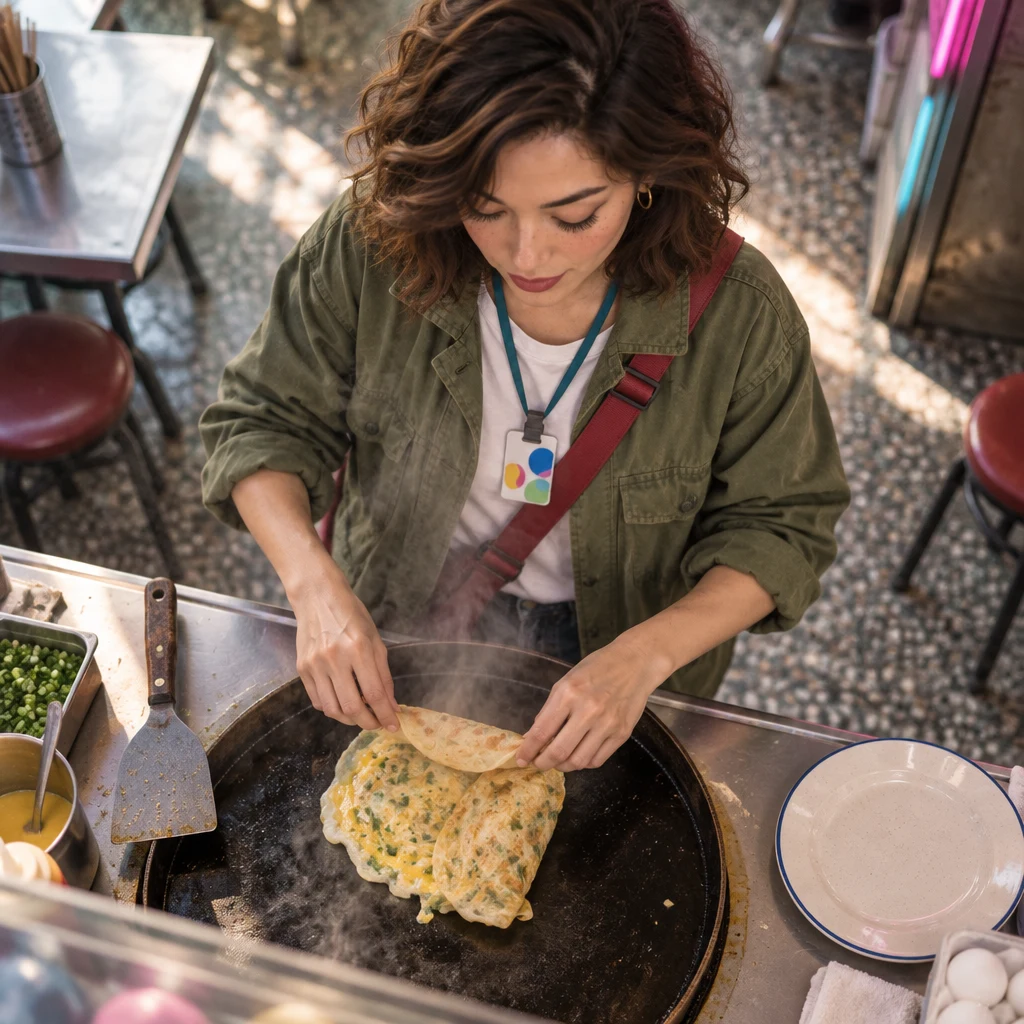 Maya tries to fold an egg pancake on the griddle, but one side stays uneven.