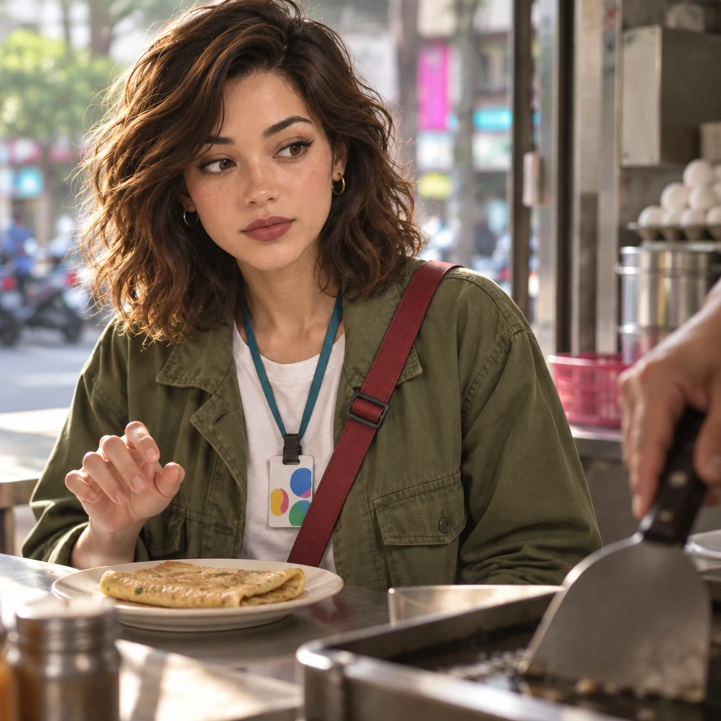 Maya draws back from an untouched egg pancake and gestures toward it, hesitant to try.